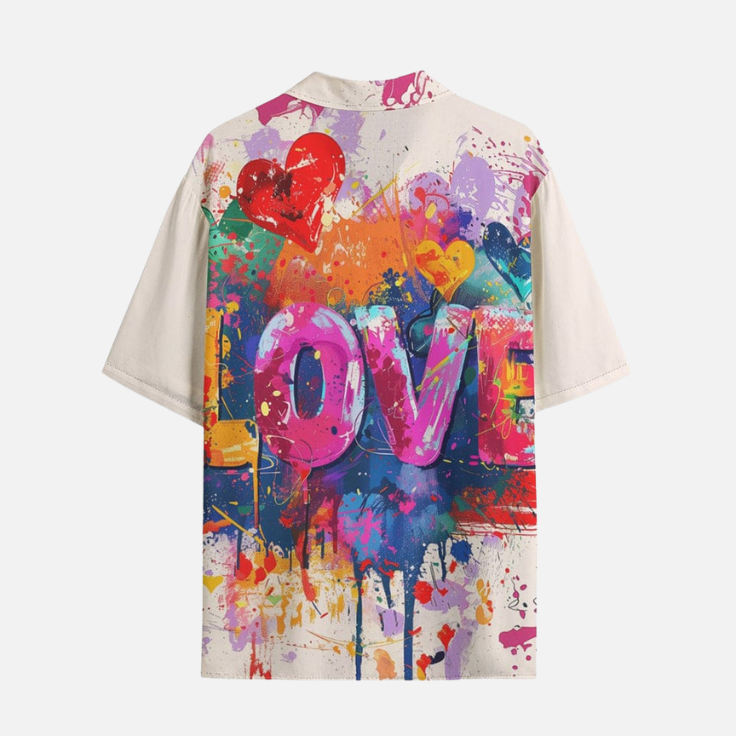 Stylish Men’s LOVE Graphic Shirt – Vibrant Abstract Paint Splashes Casual Summer Button-Down Half Sleeve Shirt