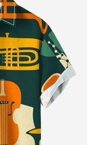 Music Band Graphic Print Shirt for Men – Half Sleeve Casual Summer Button Down with Colorful Guitar, Violin and Brass Instrument Design