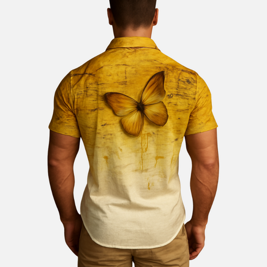 Butterfly and Musical Notes Print Shirt – Men’s Artistic Graphic Button Down Half Sleeve Casual Summer Hawaiian Style