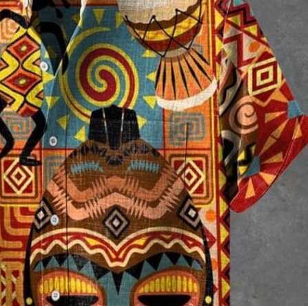 Ethnic Tribal Print Shirt – Men’s Colorful African Face and Geometric Pattern Half Sleeve Casual Button Down for Summer and Festivals