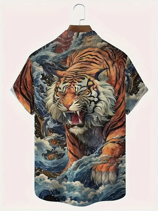 Roaring Tiger & Waves Print Shirt for Men – Stylish Graphic Button-Up Half Sleeve Perfect for Summer & Streetwear