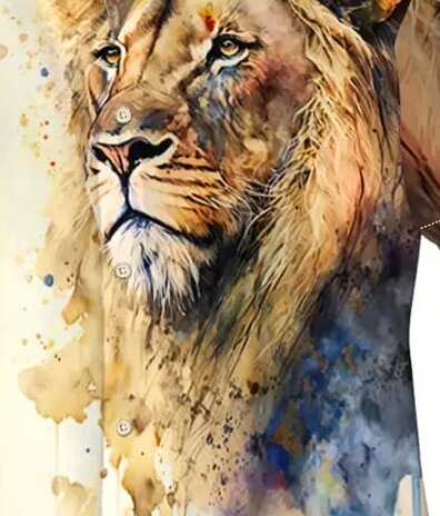 Bold Lion Face Print Shirt – Men’s Artistic Half Sleeve Casual Button Up with Jungle King Graphic for Parties, Travel and Summer Fashion