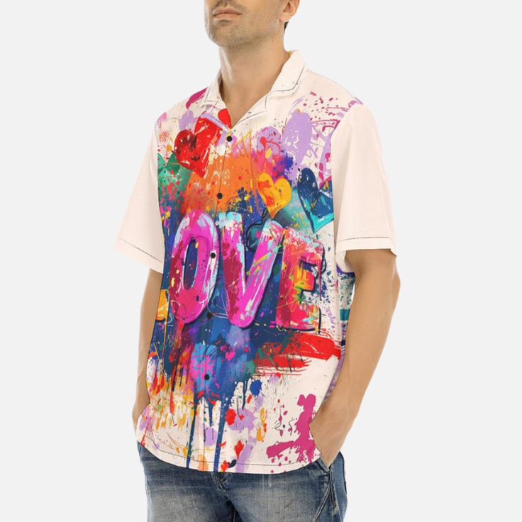 Stylish Men’s LOVE Graphic Shirt – Vibrant Abstract Paint Splashes Casual Summer Button-Down Half Sleeve Shirt