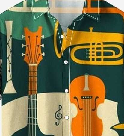 Music Band Graphic Print Shirt for Men – Half Sleeve Casual Summer Button Down with Colorful Guitar, Violin and Brass Instrument Design