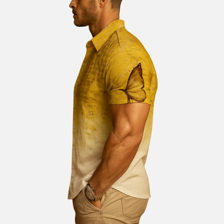 Butterfly and Musical Notes Print Shirt – Men’s Artistic Graphic Button Down Half Sleeve Casual Summer Hawaiian Style