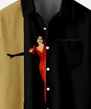 Unique Black and Beige Shirt for Men – Chic Red Dress Graphic, Casual Half Sleeve Button-Down, Perfect for Day and Night Wear