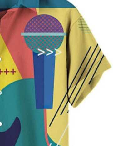 Trendy Music Lover’s Shirt – Vibrant Guitar and Microphone Print Half Sleeve Casual Button Down with Geometric Art Design for Summer Parties