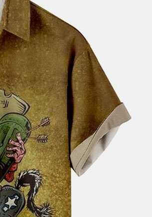 Men’s Artistic Cowboy Skeleton Print Half Sleeve Shirt – Western Style Casual Button-Up with Skull Rider and Cactus Design