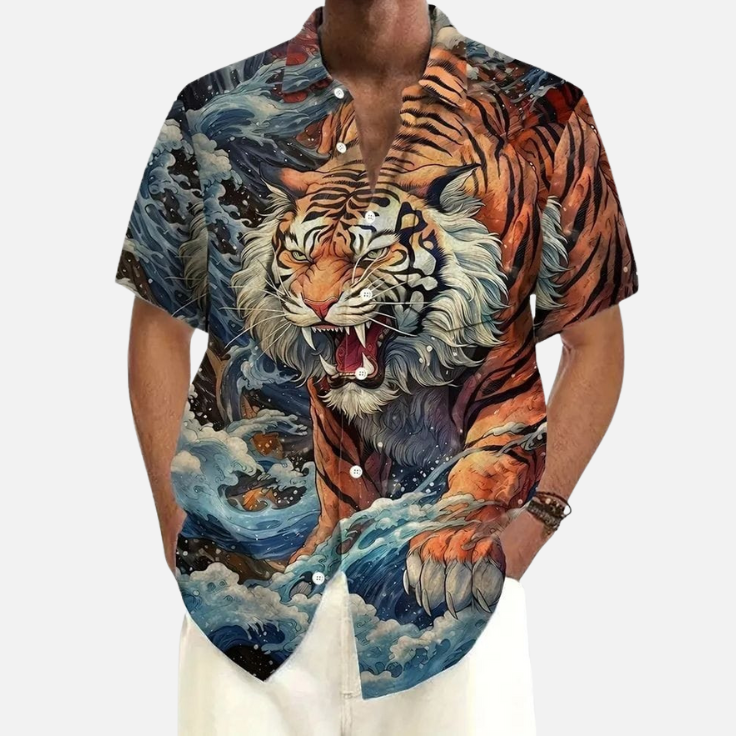 Roaring Tiger & Waves Print Shirt for Men – Stylish Graphic Button-Up Half Sleeve Perfect for Summer & Streetwear