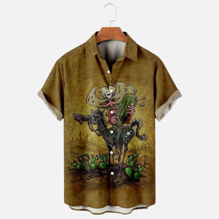 Men’s Artistic Cowboy Skeleton Print Half Sleeve Shirt – Western Style Casual Button-Up with Skull Rider and Cactus Design