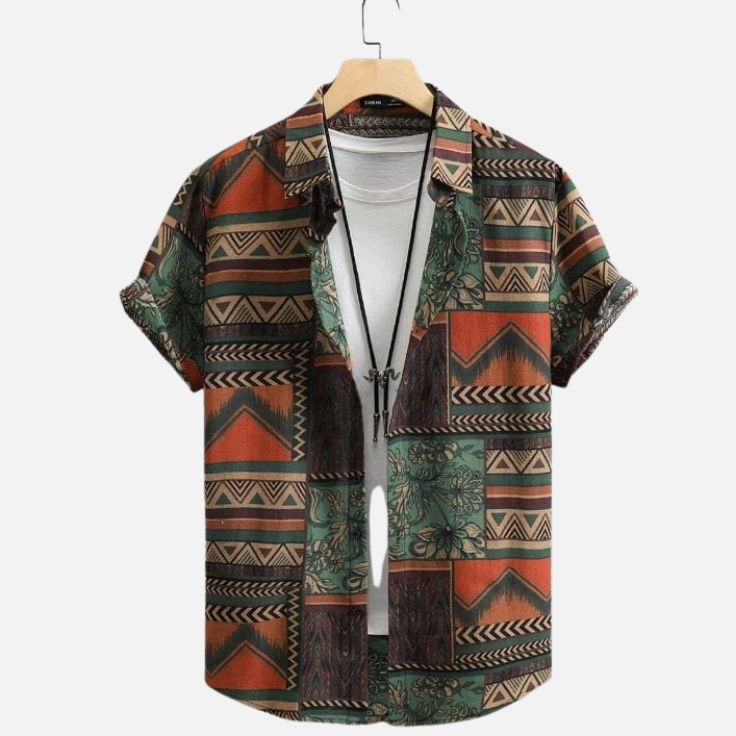 Unique Men’s Tribal Geometric Print Shirt – Casual Half Sleeve Button-Up with Vibrant Patterns and Earthy Colors