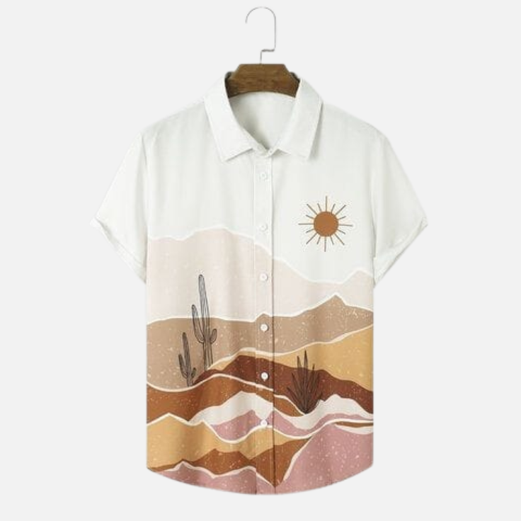 Men’s Nature Inspired Shirt – Desert Cactus and Mountain Landscape Print Half Sleeve Casual Button Down for Vacations and Summer Wear