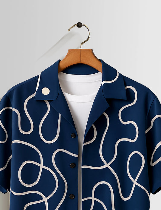 Navy Blue Loop Printed Mens Half Sleeves Shirts - XPST