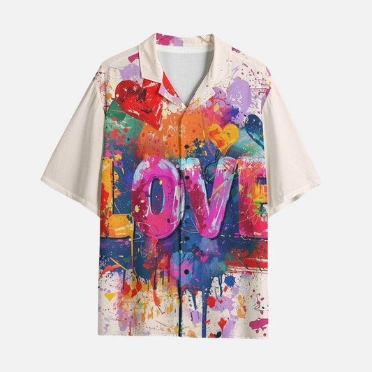Stylish Men’s LOVE Graphic Shirt – Vibrant Abstract Paint Splashes Casual Summer Button-Down Half Sleeve Shirt