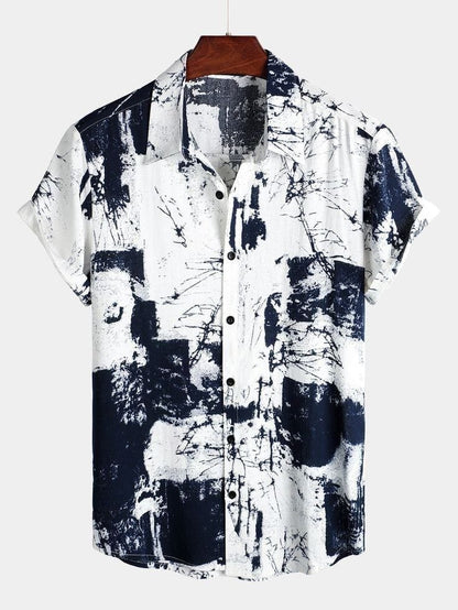 Men’s Monochrome Abstract Art Shirt – Black and White Graphic Print Half Sleeve Casual Button Down for Street Style and Vacations