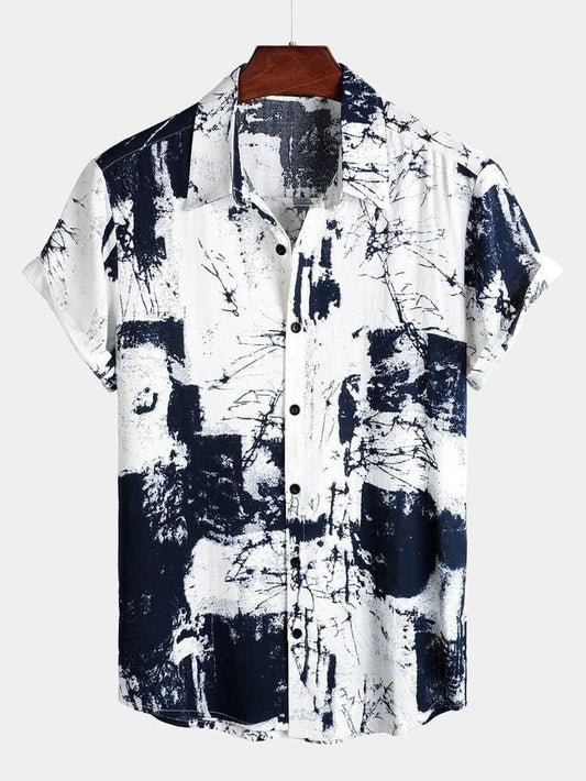 Men’s Monochrome Abstract Art Shirt – Black and White Graphic Print Half Sleeve Casual Button Down for Street Style and Vacations