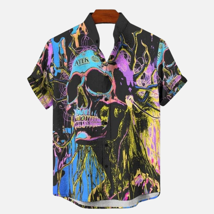 Neon Skull Graphic Shirt – Gothic Punk Style Men’s Casual Half Sleeve Button Down with Abstract Artwork