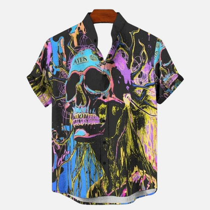 Neon Skull Graphic Shirt – Gothic Punk Style Men’s Casual Half Sleeve Button Down with Abstract Artwork