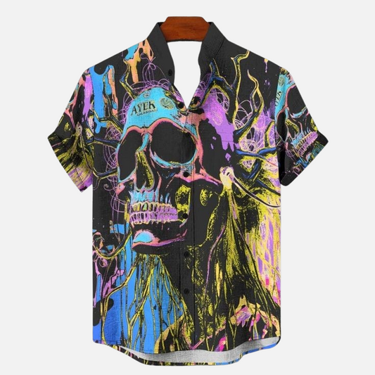 Neon Skull Graphic Shirt – Gothic Punk Style Men’s Casual Half Sleeve Button Down with Abstract Artwork