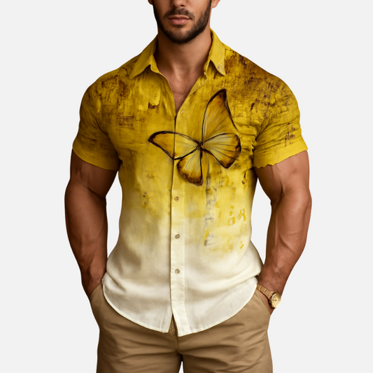 Butterfly and Musical Notes Print Shirt – Men’s Artistic Graphic Button Down Half Sleeve Casual Summer Hawaiian Style