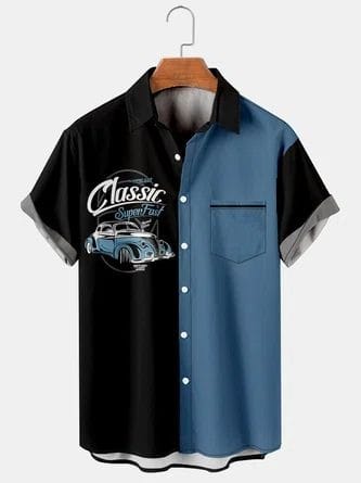 Men’s Retro Car Print Shirt – Classic Super Fast Automobile Graphic Half Sleeve Casual Button Down with Pocket for Summer Outfits