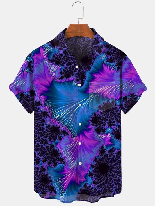 Abstract Psychedelic Shirt – Men’s Retro Colorful Fractal Print Half Sleeve Casual Button Up for Vacations and Street Fashion