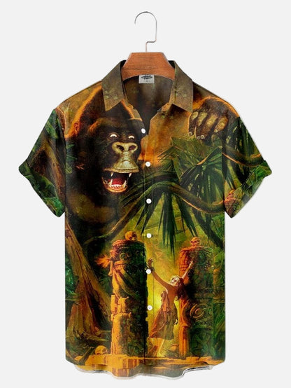 Men’s King Kong Inspired Graphic Shirt – Retro Jungle Adventure Print Half Sleeve Casual Button Up for Summer and Travel