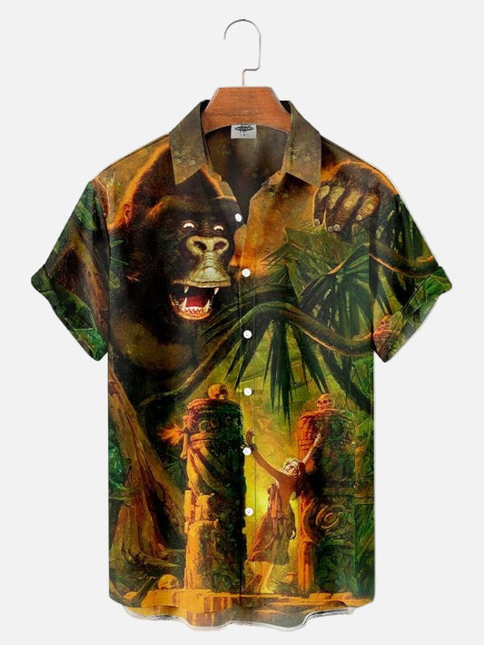 Men’s King Kong Inspired Graphic Shirt – Retro Jungle Adventure Print Half Sleeve Casual Button Up for Summer and Travel