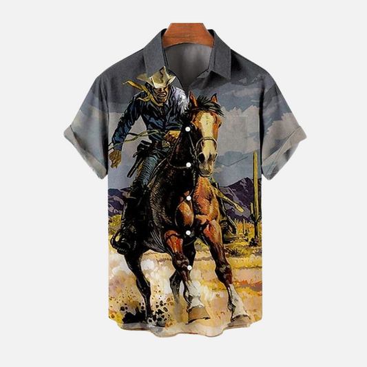 Vintage Western Horse Riding Graphic Half Sleeve Shirt - Stylish Casual Button-Up with Unique Wild West Artwork for Men, Perfect for Summer Outdoor Adventures and Everyday Wear