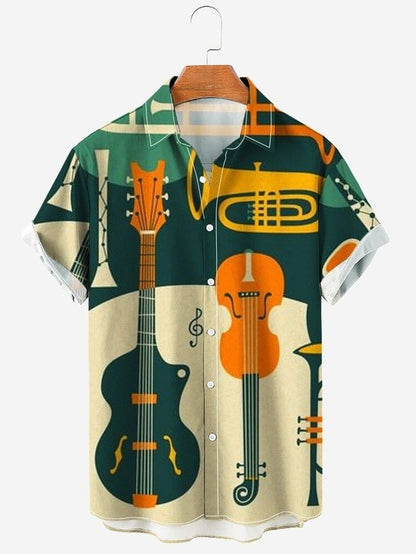 Music Band Graphic Print Shirt for Men – Half Sleeve Casual Summer Button Down with Colorful Guitar, Violin and Brass Instrument Design