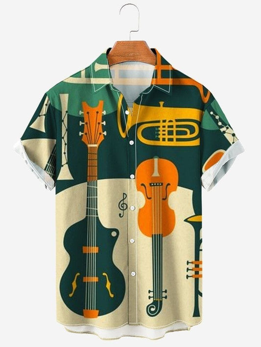 Music Band Graphic Print Shirt for Men – Half Sleeve Casual Summer Button Down with Colorful Guitar, Violin and Brass Instrument Design