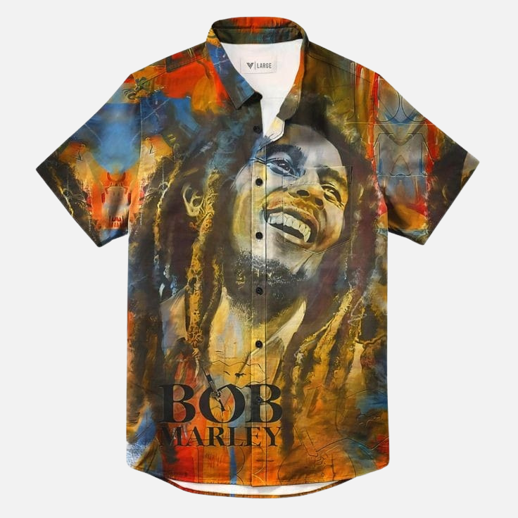 Iconic Bob Marley Graphic Print Shirt – Vintage Reggae Inspired Half Sleeve Button Down Casual Top for Summer Outfits