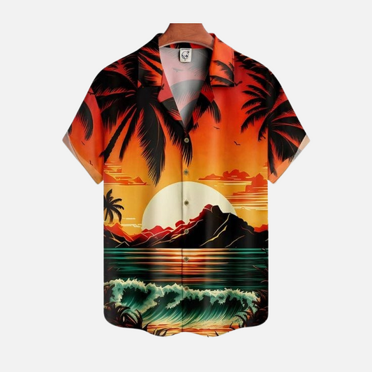 Tropical Sunset Beach Scene Shirt – Hawaiian Style Half Sleeve Button Down with Palm Trees and Ocean Waves Print