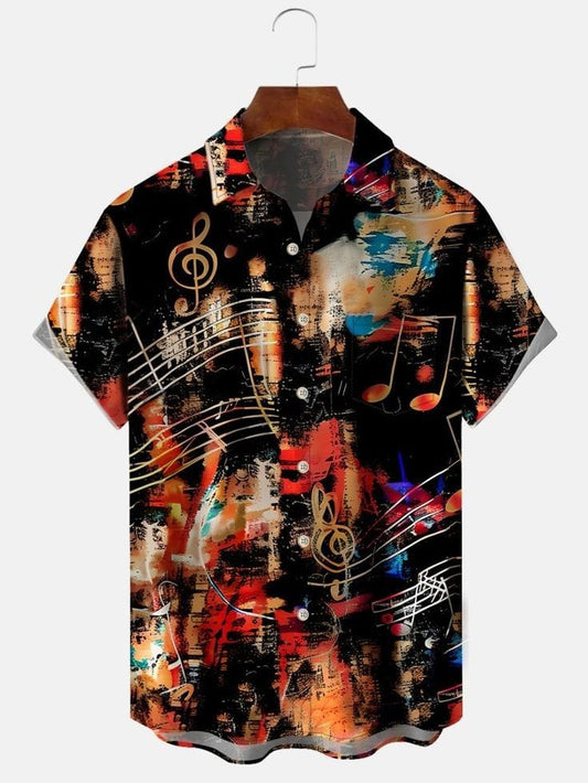 Trendy Music Graphic Shirt – Men’s Half Sleeve Casual Button Down with Colorful Music Notes and Abstract Art Print for Parties and Holidays