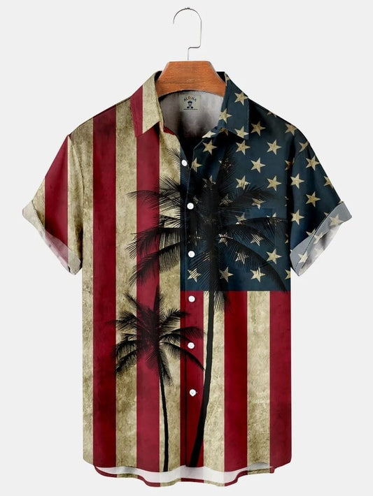 Men’s USA Flag and Palm Trees Shirt – Red, White, and Blue Stars Graphic Print Half Sleeve Button Down for Summer Fashion