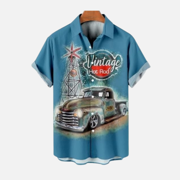 Retro Automotive Hot Rod Hawaiian Shirt – Vintage Car Graphic Half Sleeve Button Down for Men’s Summer Casual Outfit