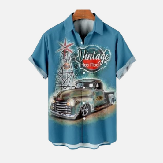 Retro Automotive Hot Rod Hawaiian Shirt – Vintage Car Graphic Half Sleeve Button Down for Men’s Summer Casual Outfit