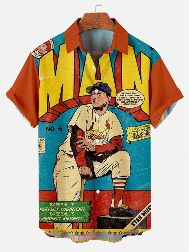 Baseball Comic Shirt – Men’s Vintage ‘Stan Musial’ Retro Print Half Sleeve Casual Button Down for Baseball Lovers and Summer Wear