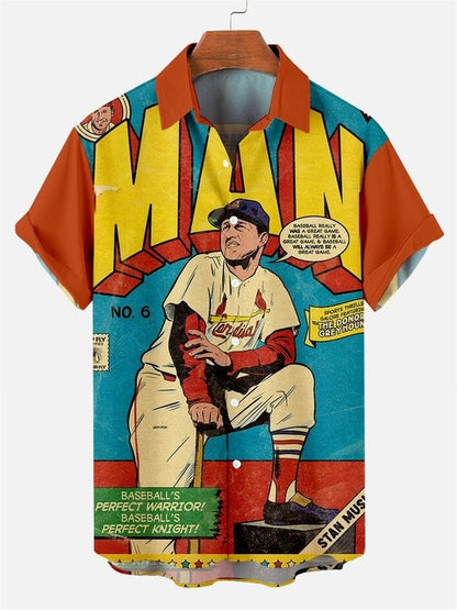 Baseball Comic Shirt – Men’s Vintage ‘Stan Musial’ Retro Print Half Sleeve Casual Button Down for Baseball Lovers and Summer Wear