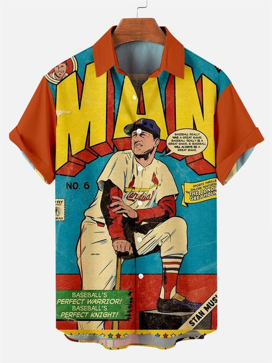 Baseball Comic Shirt – Men’s Vintage ‘Stan Musial’ Retro Print Half Sleeve Casual Button Down for Baseball Lovers and Summer Wear