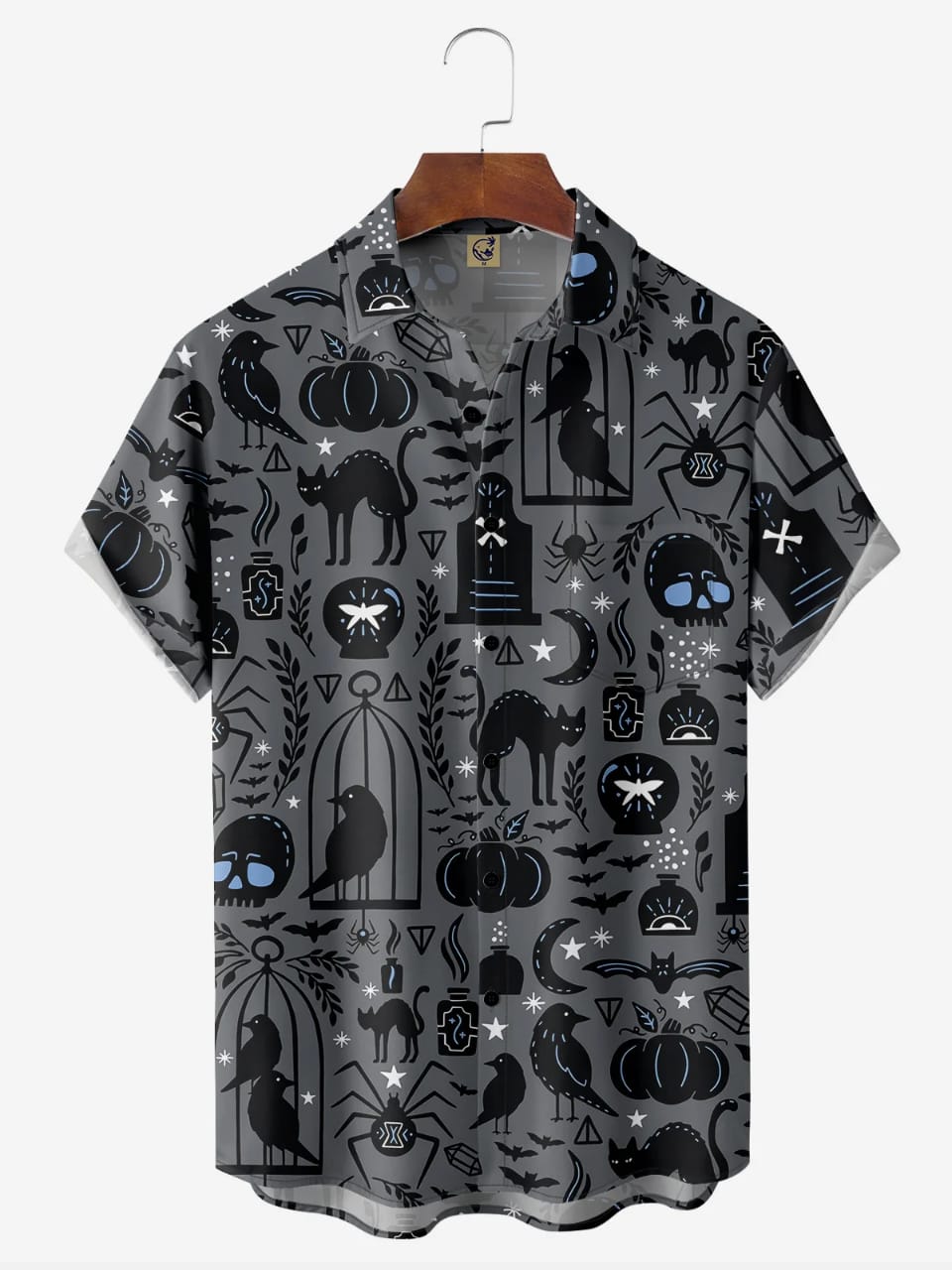 Spooky Gothic Print Shirt – Men’s Casual Half Sleeve Button Down with Halloween Inspired Cats, Crows, Skulls and Pumpkins