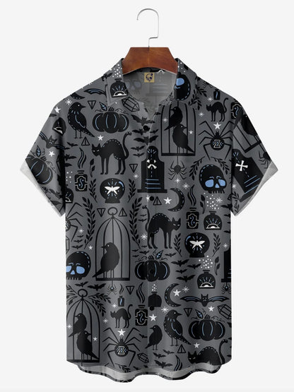 Spooky Gothic Print Shirt – Men’s Casual Half Sleeve Button Down with Halloween Inspired Cats, Crows, Skulls and Pumpkins