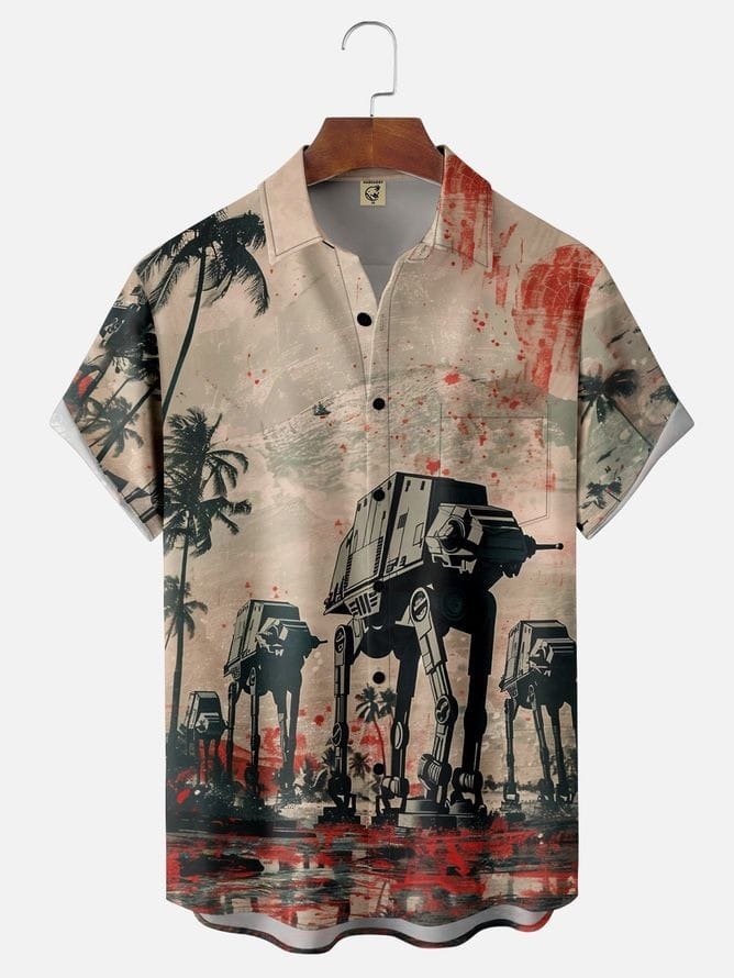 Men’s Sci-Fi Star Wars Shirt – AT-AT Walker Print with Red Splatter and Palm Trees Design Half Sleeve Casual Button Down for Vacations