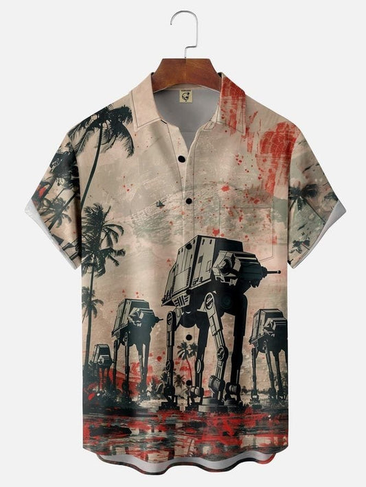 Men’s Sci-Fi Star Wars Shirt – AT-AT Walker Print with Red Splatter and Palm Trees Design Half Sleeve Casual Button Down for Vacations
