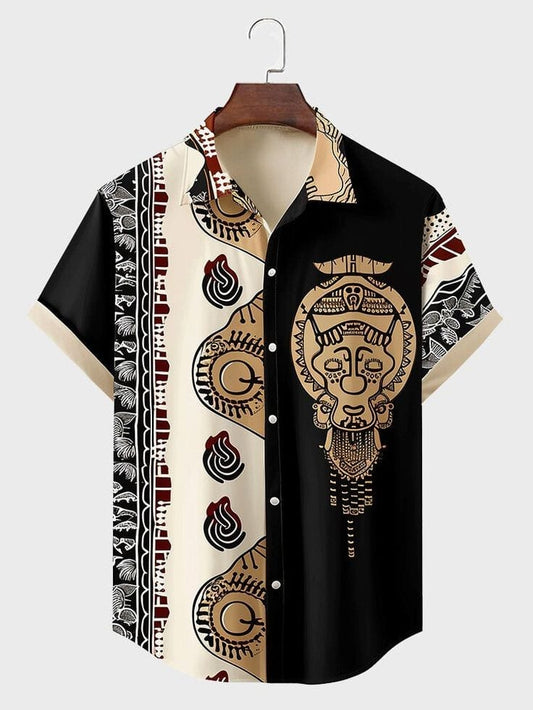 Men’s Cultural Print Shirt – Retro Tribal Art Inspired Half Sleeve Casual Button Down with Unique Ethnic Design for Summer Outfits