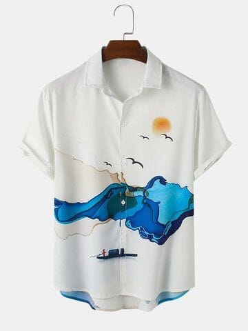 Men’s Sunset Beach Print Shirt – Ocean Waves and Fisherman Design Half Sleeve Casual Button Down for Summer Wear and Travel