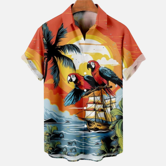 Vintage Parrot and Pirate Ship Hawaiian Shirt – Tropical Sunset Island Print Casual Summer Half Sleeve Button Down for Men