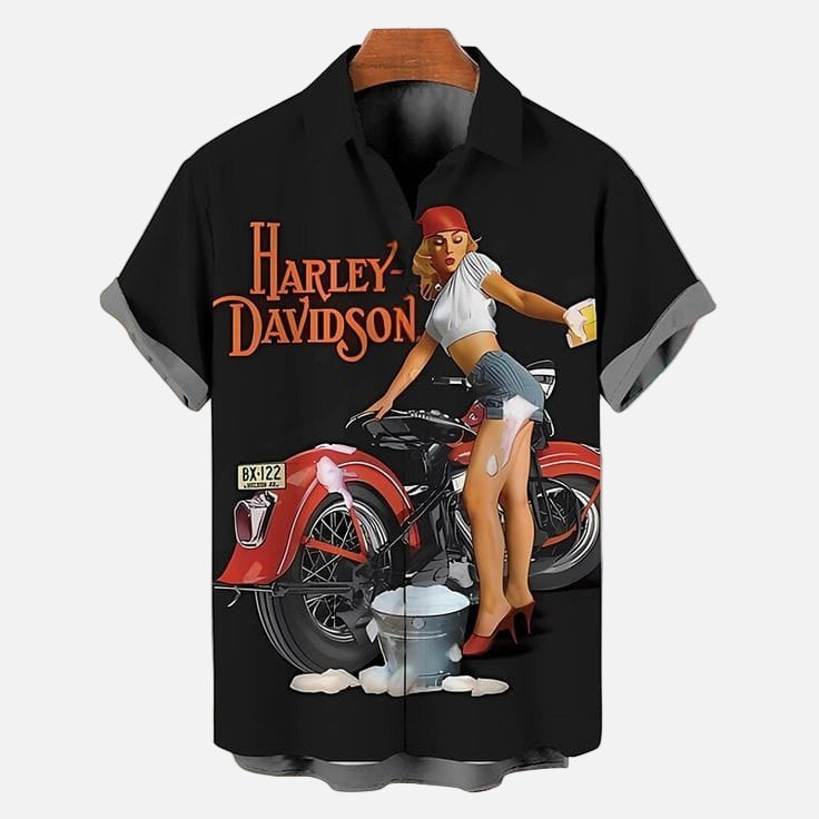 Harley Davidson Retro Shirt – Men’s Pin Up Girl and Classic Motorcycle Print Half Sleeve Casual Button Down for Motorcycle Lovers