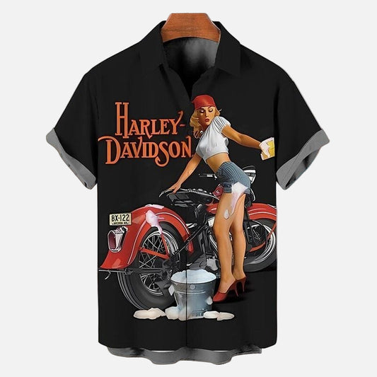 Harley Davidson Retro Shirt – Men’s Pin Up Girl and Classic Motorcycle Print Half Sleeve Casual Button Down for Motorcycle Lovers