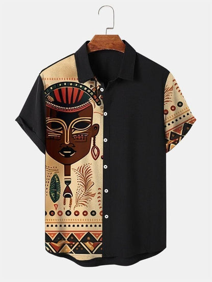African Tribal Graphic Shirt – Men’s Bold Face Print Half Sleeve Casual Button Down with Unique Pattern for Summer Wear